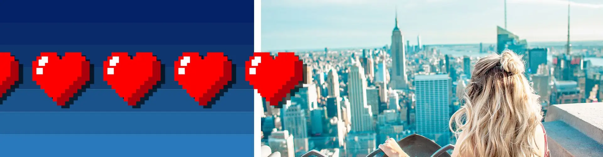 Girl looks out window on New York city on a sunny evening. Other half of image is pixel art illustration of Hearts on a blue background.